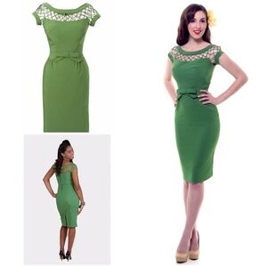 NWT Tatyana Alika Pencil Bow Lattice Draped Pinup Girl Retro Green Sheath Dress 